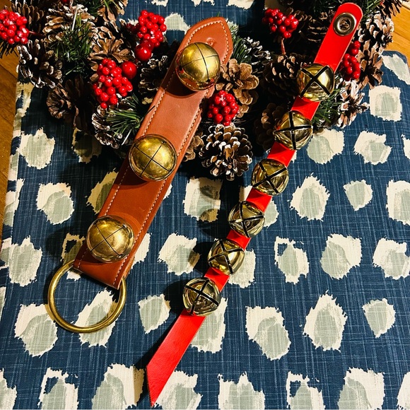Belsnickle Brass Bell Pair on Leather Straps — 17” & 14” Like New Holiday Decor - Picture 3 of 7